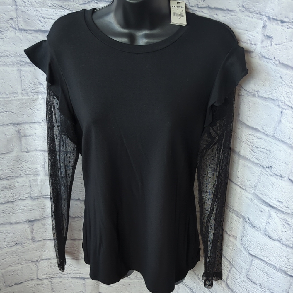 Express Black Long Sleeve Top with Lace Detail Size L